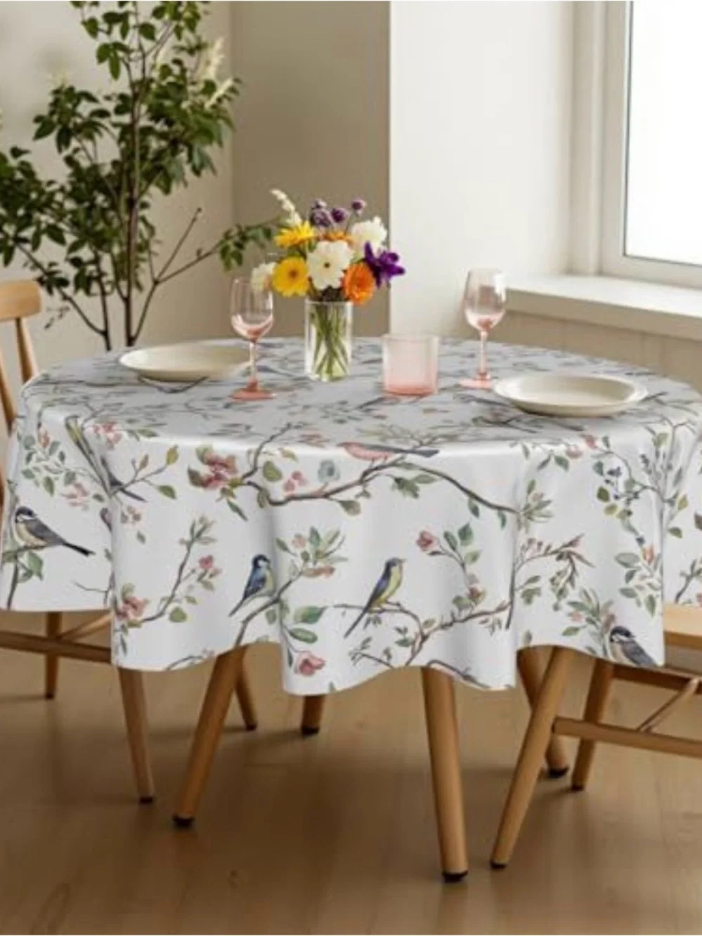 White Floral & Bird Print Round Tablecloth